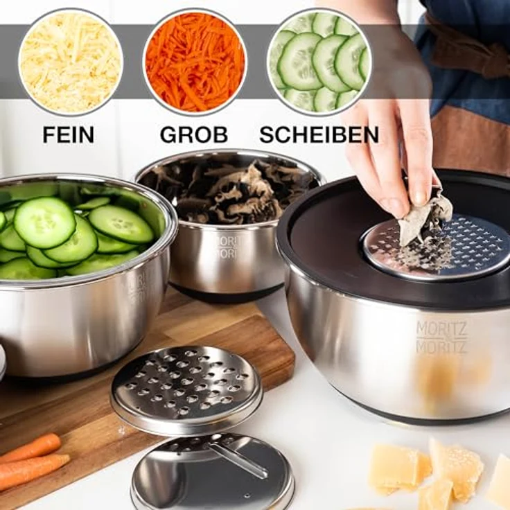 Moritz & Moritz 5er Rührschüssel mit Deckel - 0,6 - 4,5L - Rostfreier Edelstahl mit BPA freien Anti-Rutsch Böden – Salatschüssel mit Deckel groß, stapelbar - Milliliter und Quart Messskalen - inklusive Reibeinsätze – Bild 3