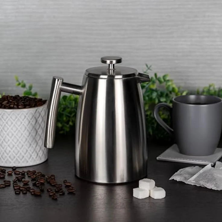 Café Stål Belmont Doppelwandiger Kaffeebereiter aus hochwertigem 18-10 Edelstahl ? 16 Mokktassen, 2L, Hochglanzpolitur, Tamper – Bild 4