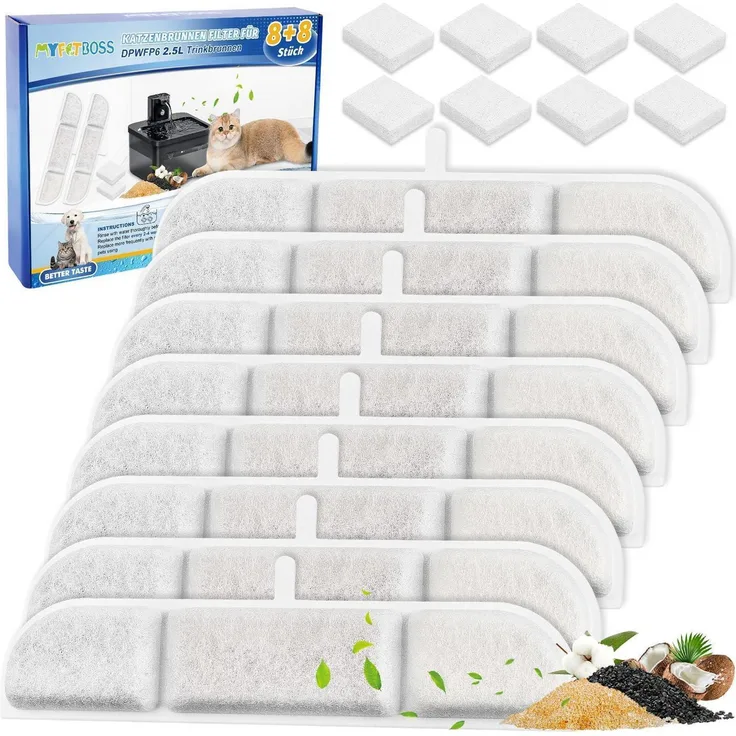 MyfatBOSS Ersatzfilter für Katzenbrunnen DPWFP6, 8+8 Stück kabellos, 5-stufige Filterung, 2.5L Weiß