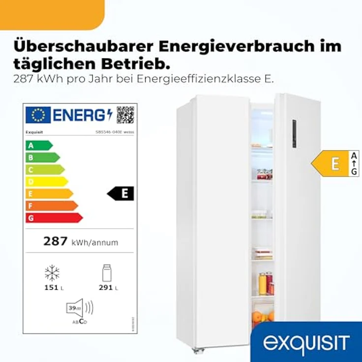 Exquisit SBS546-040E, Side-by-Side Kühl-Gefrierkombination, 442 Liter, No-Frost, LED-Display, 10 Ablagen, leiser Betrieb, weiss – Bild 3