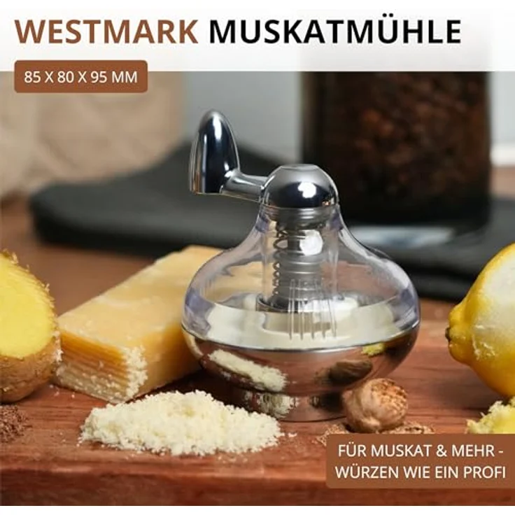 Westmark Muskatmühle mit Vorratsfläche für bis zu 9 Muskatnüsse, Kunststoff-Rostfreier Edelstahl, Silber-Transparent, 69572260 – Bild 3