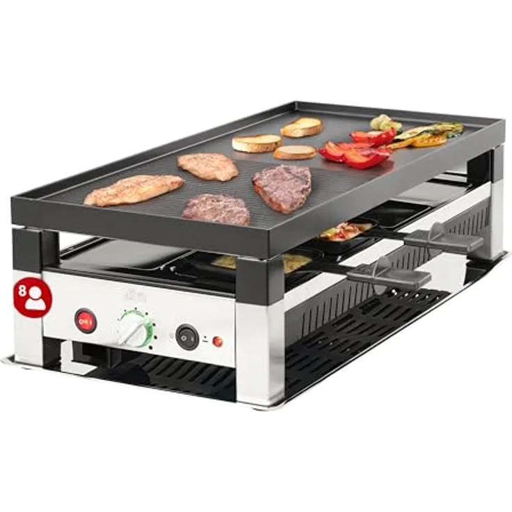 Solis Raclette Tischgrill 4-in-1, 1200W mit Grillplatte & Crêpe-Funktion, Antihaft, 8 Pfännchen, für Mini-Pizza & Raclette Genuss, Schwarz