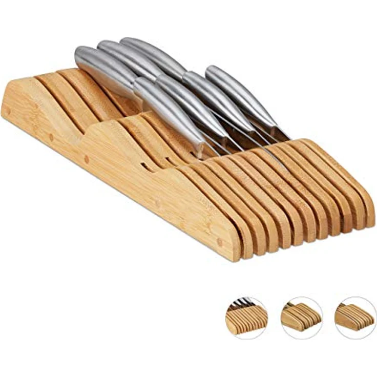 Relaxdays Messerblock Schublade, liegend, Bambus, für 11 Messer, HBT 5x14,5x40 cm, Schubladeneinsatz, Natur – Bild 1