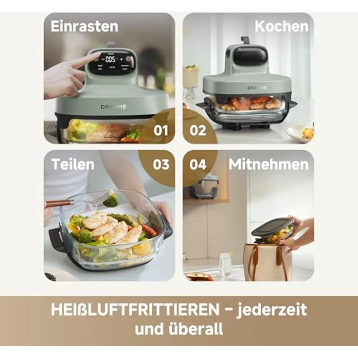 dreame Tasti AirFryer 5-in-1, tragbare Glas-Heißluftfritteuse mit 2 Behältern (2,5 L + 4,5 L), 3D-Heißluft-Technologie, spülmaschinengeeignet, 360°-Panorama-Ansicht, 6 mm Borosilikatglas – Bild 3