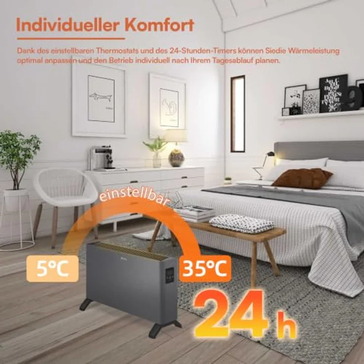 BE COOL Konvektor mit Stoffbezug "HAROLD", 2000W Heizleistung, dunkelgrau, elektronische Steuerung, 3 Heizmodi – Bild 6