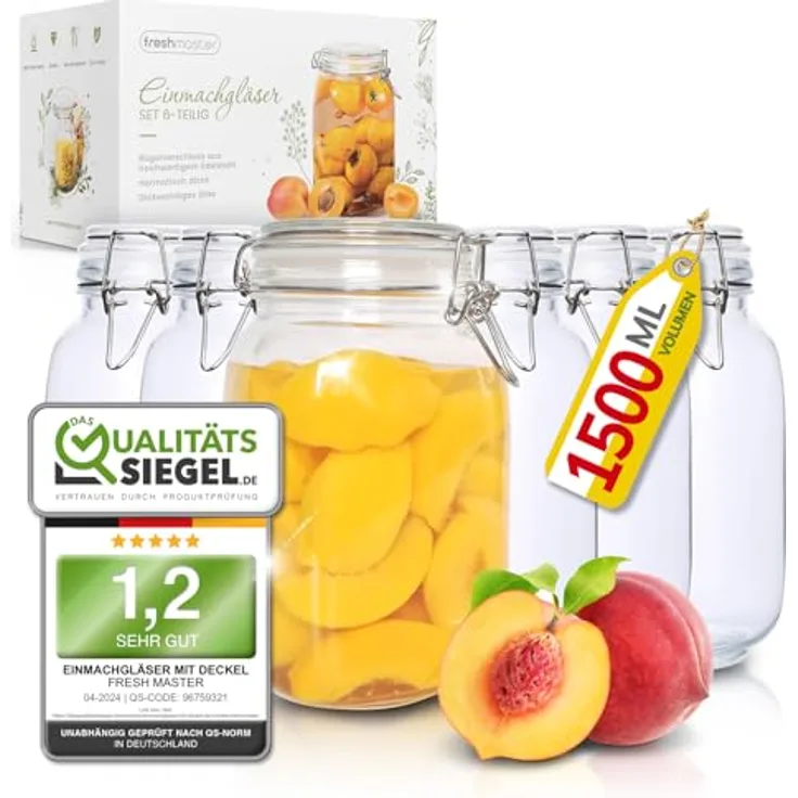 Fresh Master Einmachgläser Set, bruchsicheres Glas mit Edelstahl Bügelverschluss und Spezialdichtung, 6 x 1500ml