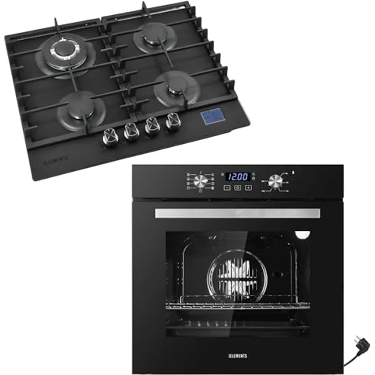 KB ELEMENTS Gas Herdset 60cm, Einbaubackofen mit 9 Funktionen, 4-flammiges Gaskochfeld mit Timer, Kindersicherung, Grill, Heißluft und AQUA CLEAN