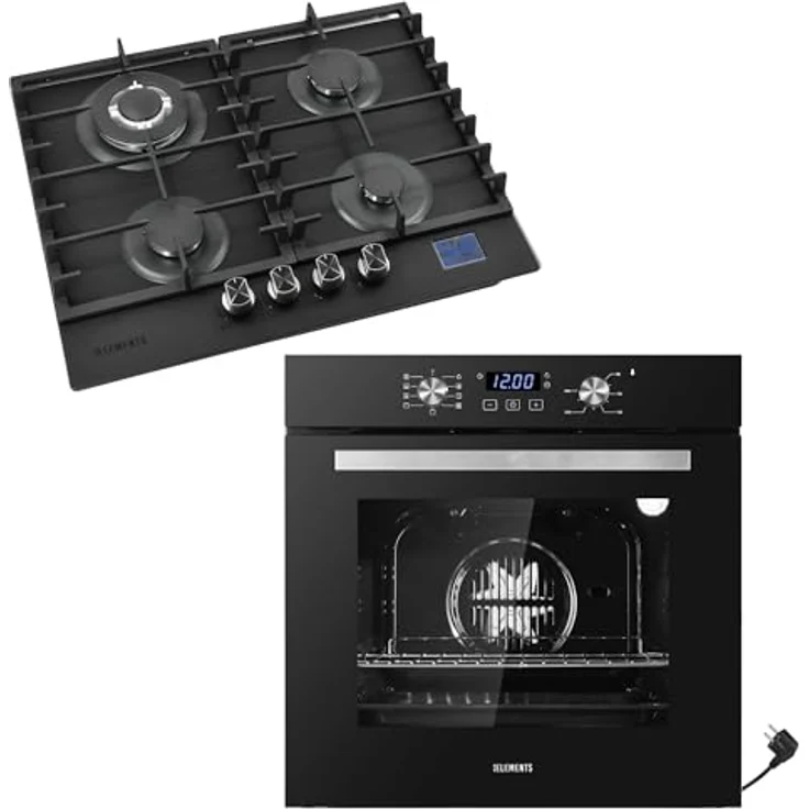 KB ELEMENTS Gas Herdset 60cm, Einbaubackofen mit 9 Funktionen, 4-flammiges Gaskochfeld mit Timer, Kindersicherung, Grill, Heißluft und AQUA CLEAN – Bild 1