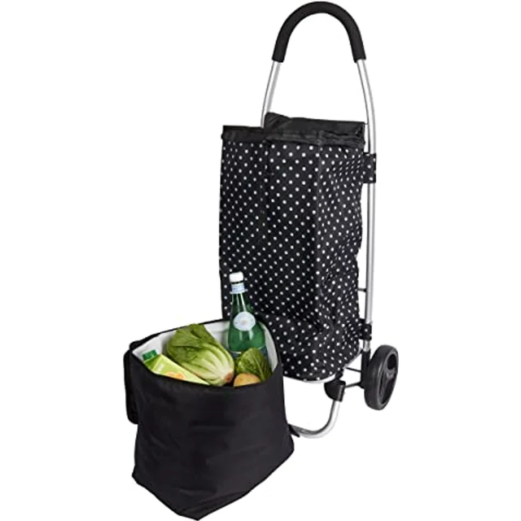 KitchenCraft Faltbarer Einkaufswagen auf Rädern mit abnehmbarer Kühltasche für Tiefkühlkost, robustes Metall und spritzwassergeschütztes Polyester, 45 x 33 x 100 cm, schwarzer Tupfenprint – Bild 4