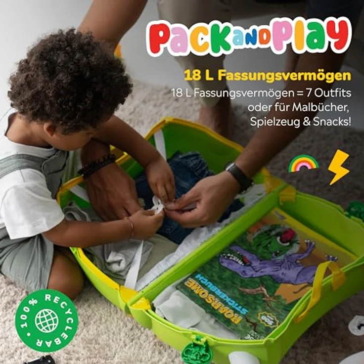 TRUNKI Kinderkoffer Dudley Dinosaurier | Handgepäck mit 18 Liter Kapazität | Trolley zum Draufsitzen | Reisegeschenk für Jungen und Mädchen (Grün) – Bild 4