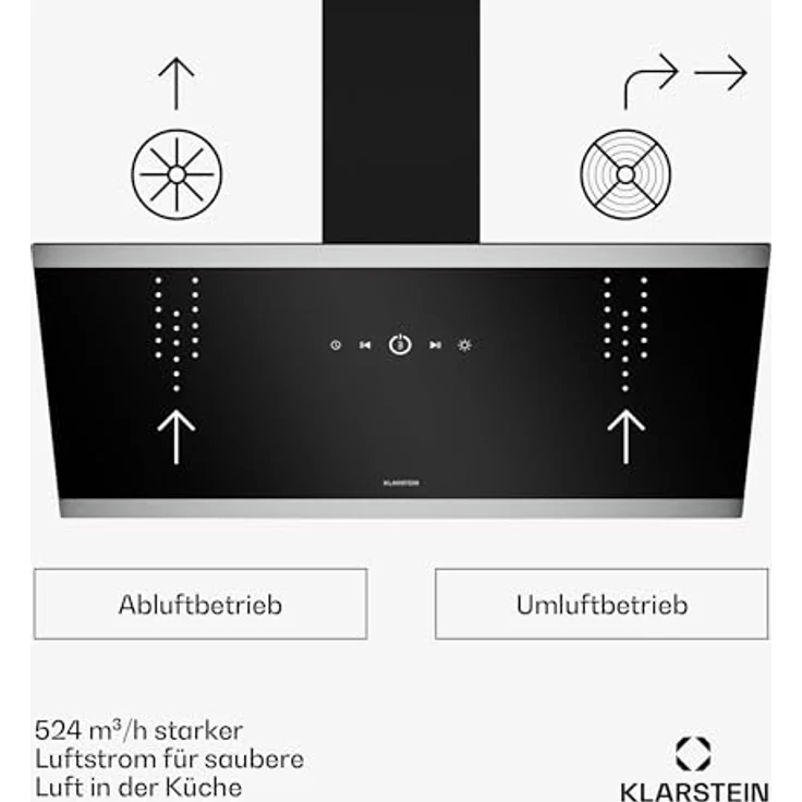 Klarstein FlashLine Dunstabzugshaube – 90 cm Kopffreihaube, Touchscreen, 524 m³/h, A++ Energieeffizienz, LED-Beleuchtung, 34,5 dB, Schwarz, Abluft- und Umluftbetrieb – Bild 2