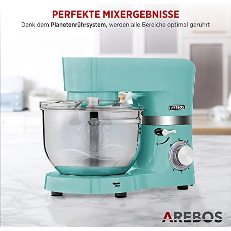 Arebos Küchenmaschine 1500W Türkis | Knetmaschine mit 2x Edelstahl-Rührschüsseln 4,5 & 5,5L | Geräuscharm | Küchenmixer mit Rührhaken, Knethaken, Schlagbesen und Spritzschutz | 6 Geschwindigkeiten – Bild 5