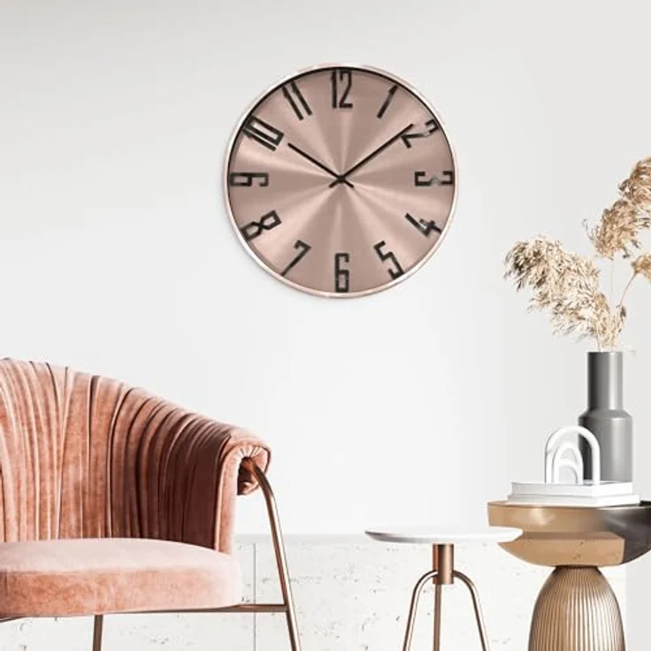 K&L Wall Art Aluminium Wanduhr Rosa Kupferoptik leise Metalluhr für Wohnzimmer Büro Moderne Metall Uhren Roségold Ø 30cm – Bild 2