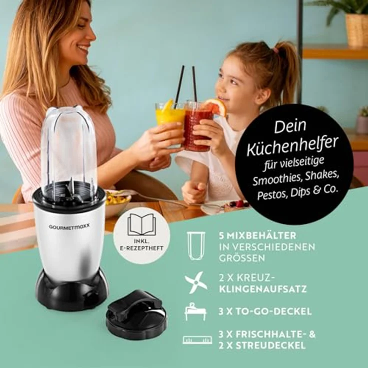 GOURMETmaxx Mr. Magic Power Pro Mixer 400 Watt, Standmixer mit Zubehörset XL, Smoothie Maker mit to go Deckel und Frischhaltedeckel – Bild 3