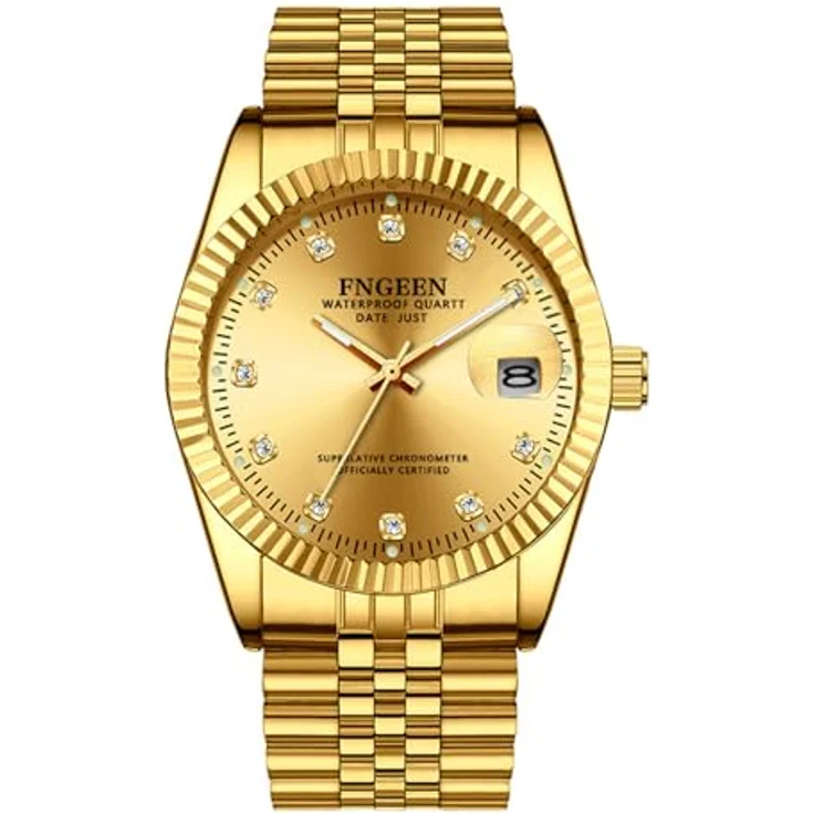 JewelryWe Edelstahl Armbanduhr Herren, Wasserdicht, Analog Quarz mit Leuchtzeigern und rundem goldfarbenem Zifferblatt, Datum Kalender, Geschenkbox – Bild 1