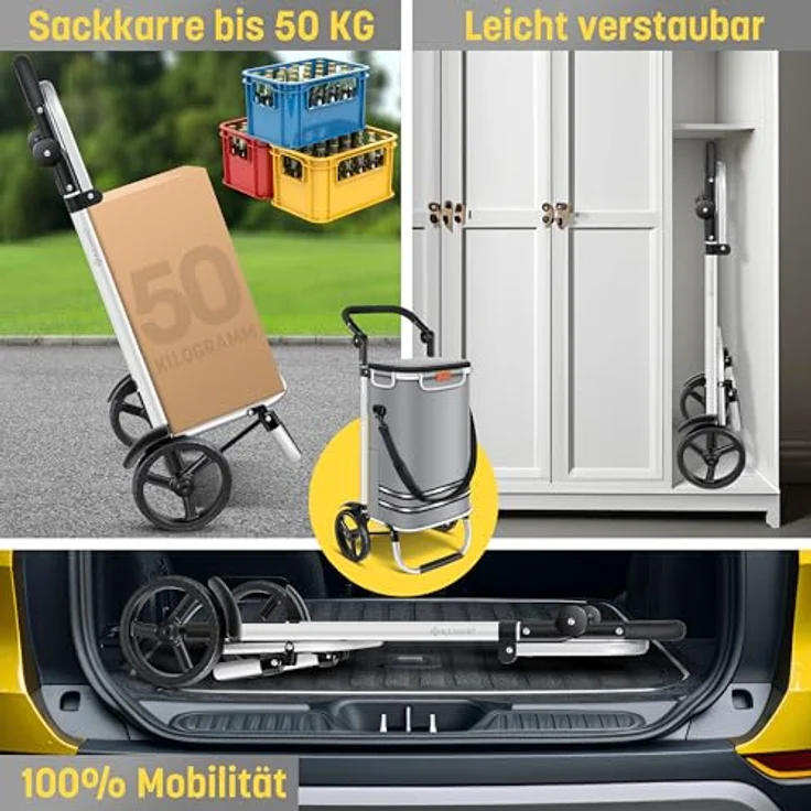 KESSER® Einkaufstrolley klappbar mit 56L Kapazität und belastbar bis 50kg | 3in1 Trolley Sackkarre & Umhängetasche | Faltbarer Einkaufswagen inkl. Kühlfach & Einkaufschip | Treppensteiger Grau – Bild 3