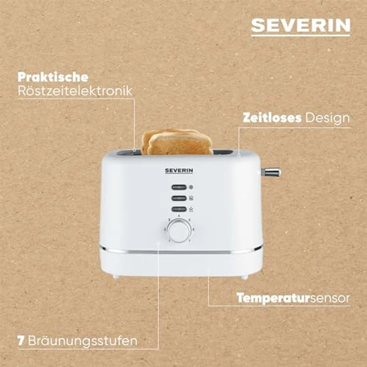 SEVERIN Automatik-Toaster, für 2 Scheiben, Brötchenaufsatz aus Edelstahl, Aufwärm- & Defrosterfunktion, einstellbarer Bräunungsgrad, Auto-Abschaltung, 850 W, weiß, KA 4324 – Bild 4