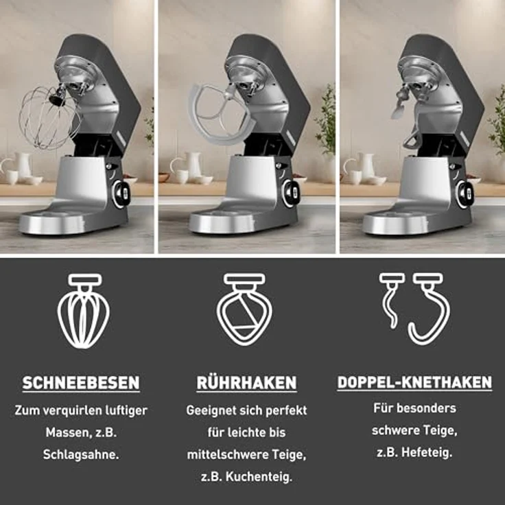 Heinrichs Küchenmaschine 2500W, Knetmaschine mit XXL 8L Edelstahlschüssel, Doppel-Knethaken, Rührhaken, Schneebesen, 8 Geschwindigkeiten, geräuscharm, Titan – Bild 4