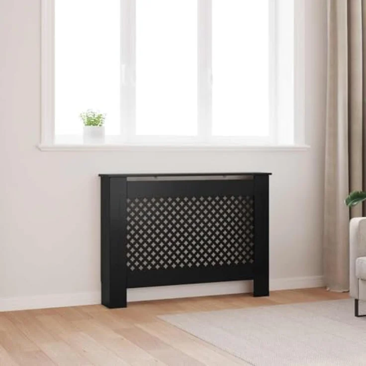 vidaXL Heizkörperverkleidung Schwarz, MDF mit Latten-Design, 112x19x81,5 cm – Bild 2