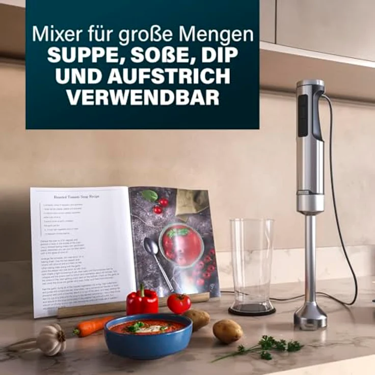 Princess Edelstahl-Stabmixer Prof XXL, 1500W, 50 cm Edelstahlstab, 5 Geschwindigkeiten, Turbofunktion, 4-Klingen-System, Messbecher mit Deckel, spülmaschinenfest, 221233 – Bild 4