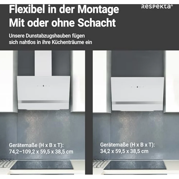 respekta Premium CH 24060 WAM, Motorhaube, Kamin abgewinkelt, Breite: 59.5 cm, Tiefe: 38.5 cm, Absaugung und Rückführung (mit zusätzlichem Rückführungsset), weiß – Bild 8