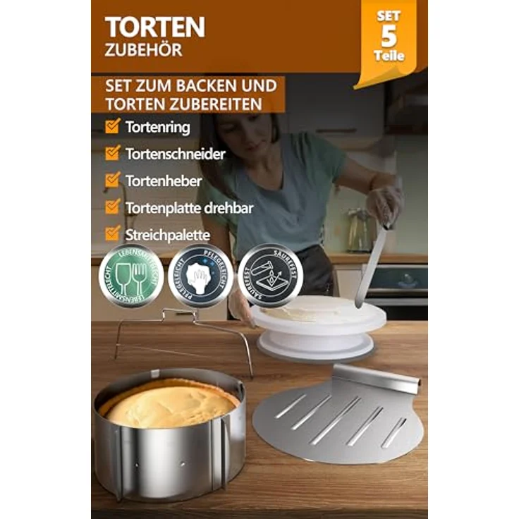 4smile Torten-Zubehör-Set 5 Teile, verstellbarer Tortenring hoch 8,5 cm, Tortenschneider, Tortenheber, drehbare Tortenplatte, Streichpalette, Edelstahl – Bild 2