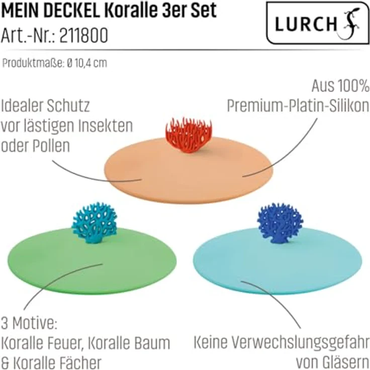 Lurch 211800 Glasabdeckung, Silikon, bunt, 3er Set mit verschiedenen Motiven, Ø 10,5 cm, BPA-frei und spülmaschinengeeignet – Bild 3