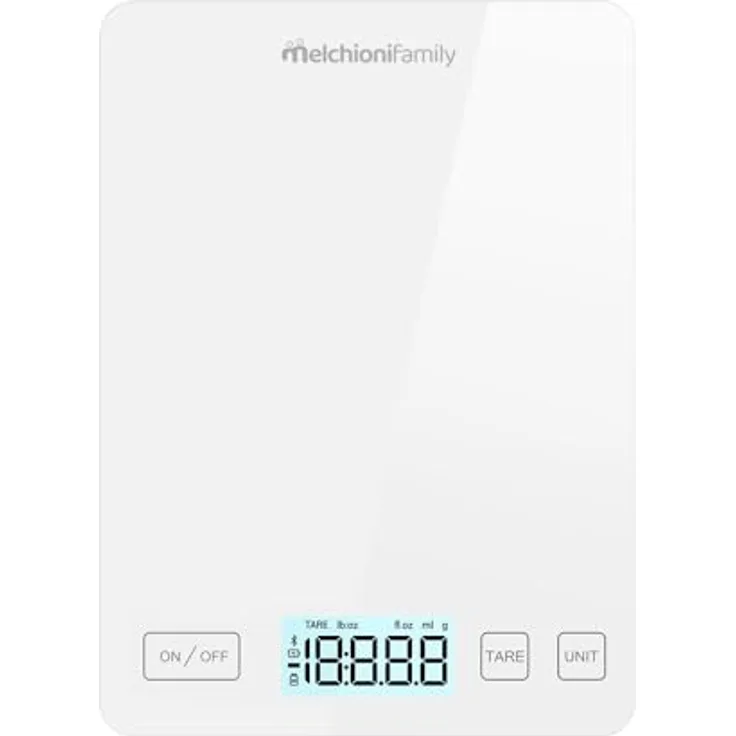 Melchioni Family | Smart Küchenwaage mit App, ultradünn aus gehärtetem Glas, kabellose Lebensmittelwaage, bis zu 5 kg, Weiß