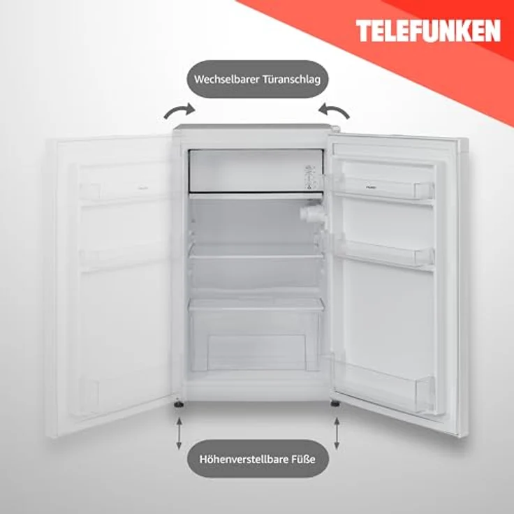 TELEFUNKEN Kühlschrank mit Gefrierfach/Eiswürfelfach | Freistehend | 89 Liter Nutzinhalt | Kühlschrank klein mit Gemüsefach | LED-Beleuchtung | Türanschlag wechselbar | CF-33-101-W2 weiß – Bild 4