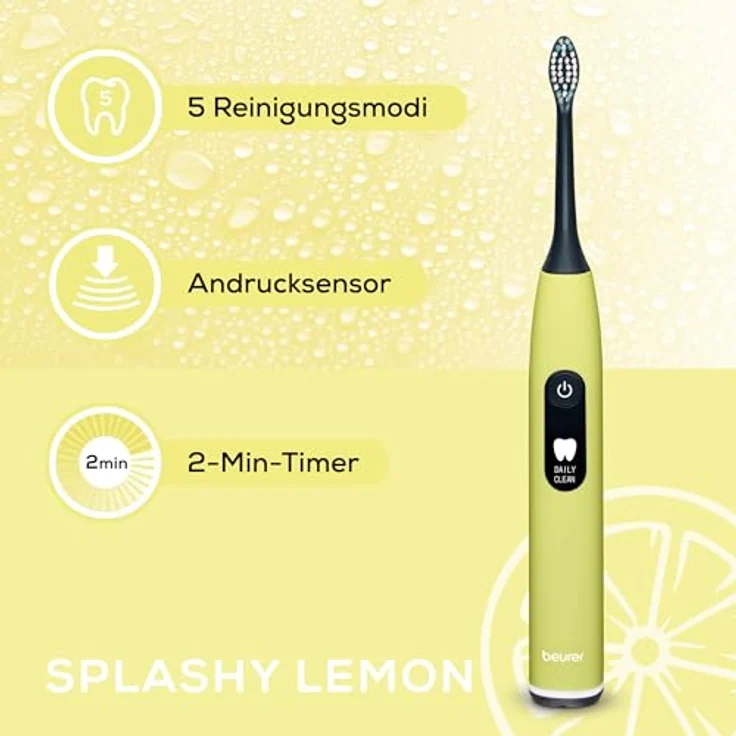 Beurer SC 50 Green Planet Splashy Lemon, Schallzahnbürste mit 80.000 Schwingungen/Minute, 5 Reinigungsprogrammen, integrierten Andrucksensor und LCD-Display, Farbe: Lemon – Bild 3