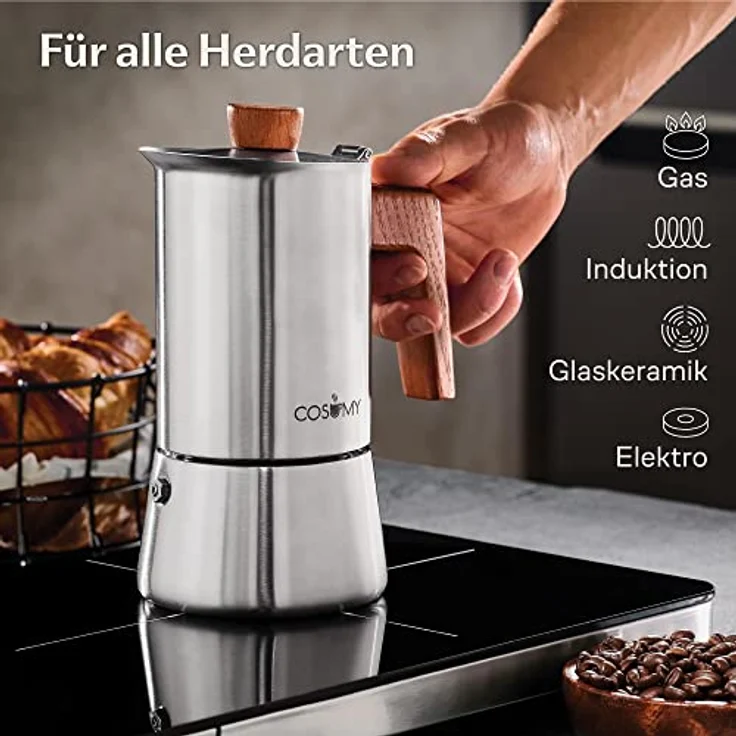 Cosumy Espressokocher, Induktionsgeeignet, aus Edelstahl und FSC-zertifiziertem Eichenholz, 300 ml Fassungsvermögen – Bild 4