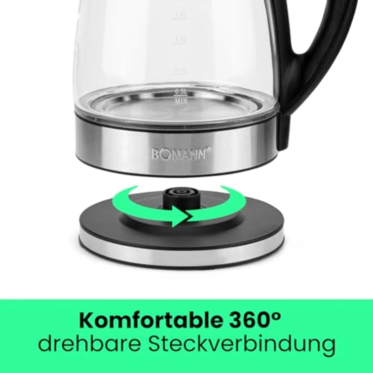 Bomann Glas-Wasserkocher WKS 6032 G CB, 1,7 Liter Füllmenge, Glas--Edelstahlgehäuse, kabellose Technik - leichtes Ein- und Ausgießen, verriegelter Sicherheitsklappdeckel, 360° drehbare Steckverbindung – Bild 7