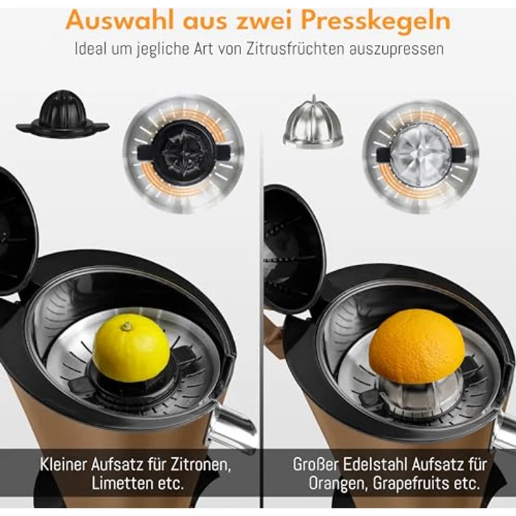 Lebenlang Zitruspresse, elektrische Saftpresse 600W mit Edelstahlkegel und BPA-frei, Schwarz & Silber – Bild 2