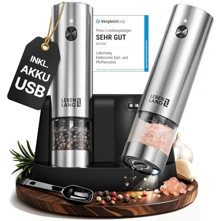 Lebenlang LBL9599, Pfeffermühle + Salzmühle, Keramikmahlwerk, LED-Leuchte, Silber-Schwarz – Bild 2