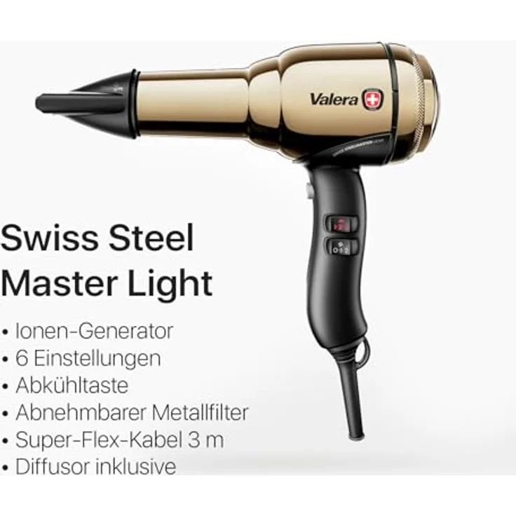 Valera, Swiss Steel Master Light, professioneller Haartrockner aus goldfarbenem Stahl, leichter Föhn mit leistungsstarkem Motor, 3 Temperaturstufen, Ionen-Generator, 2100 W – Bild 2