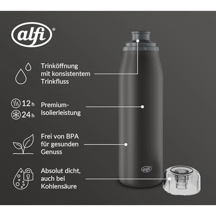 Alfi ISO Bottle, Isolierflasche Schwarz, Metall, 0,35 L, BPA-frei, doppelwandig, bruchsicher, 100% dicht, Vakuum, lebensmittelecht – Bild 3