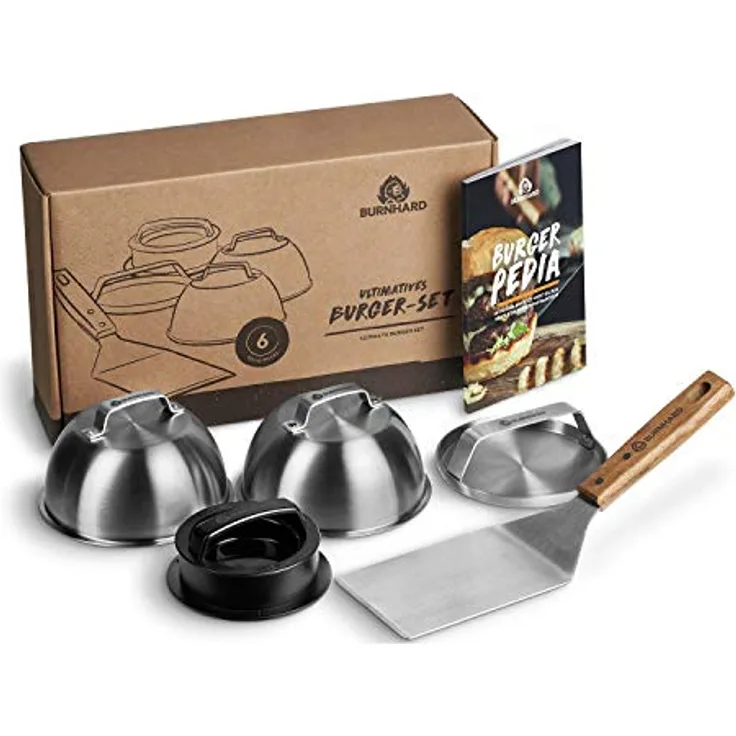 BURNHARD Burger-Set 6-TLG. inkl. Burgerpresse, Wender, Smasher, 2 Melting Domes aus Edelstahl und Rezeptheft