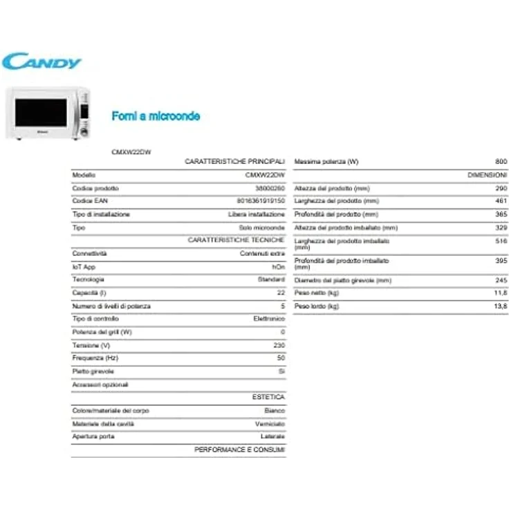 Candy CMXW 22 DW Mikrowelle mit Grill, 800 Watt, Standgerät, 22 Liter Garraum, 5 Leistungsstufen, weiß – Bild 5