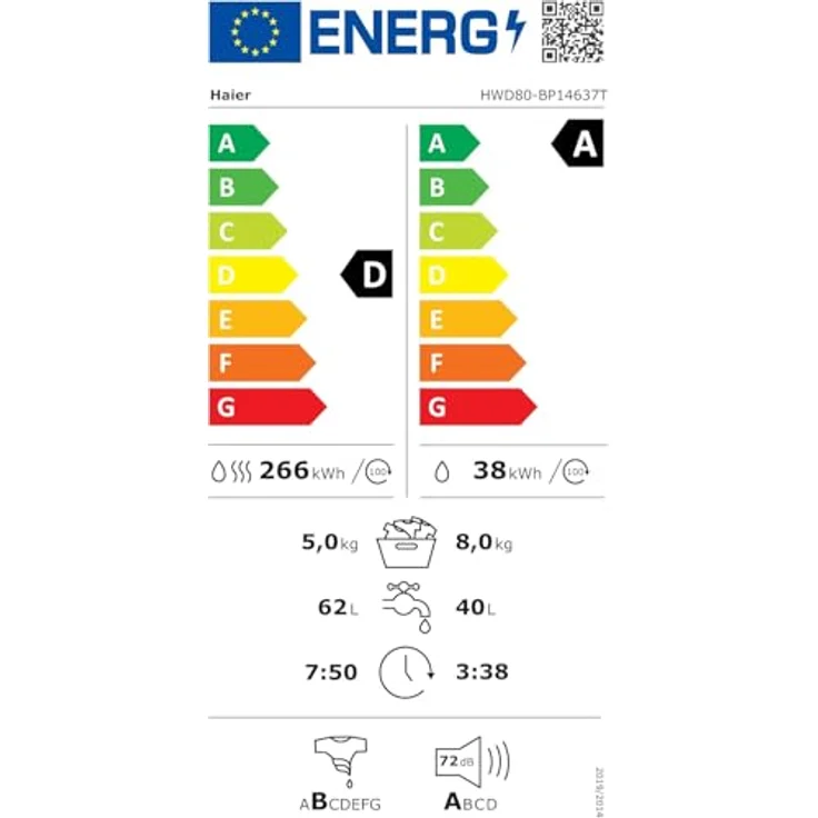 Haier Waschtrockner HWD80-BP14637T, 8 kg Waschen, 5 kg Trocknen, 1400 U/min, Smart AI Automatikprogramm, Weiß – Bild 15
