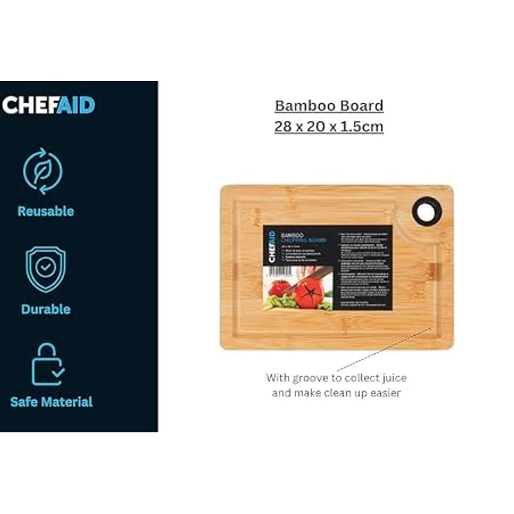 Chef Aid Bambus-Schneidebrett 35×25×1,5 cm, robust mit Saftrille & Anti-Rutsch-Füßen, geeignet für Schneiden und Servieren – Bild 3