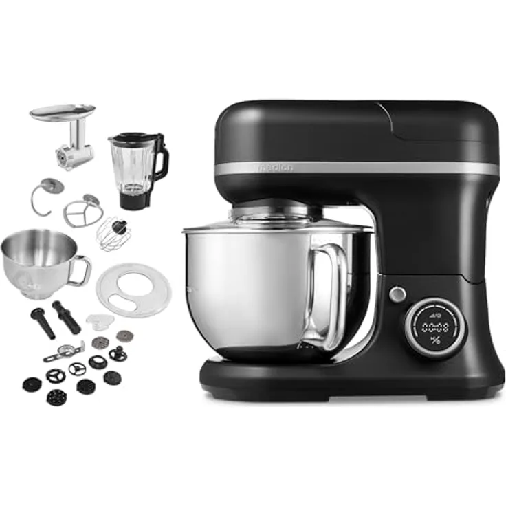 MEDION LIFE 3 in 1 Universal Küchenmaschine (Digital, 1.200 Watt, 8 Stufen, Mischen Kneten Rühren Mixen Fleischwolf, Eisschüssel für Zubereitung von Eis, digitales Touch Display, Schwarz)
