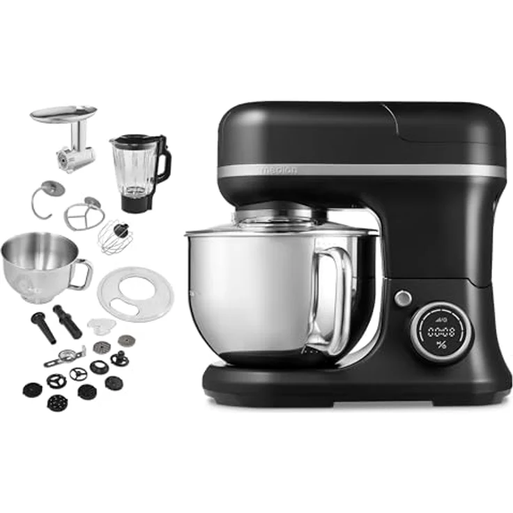 MEDION LIFE 3 in 1 Universal Küchenmaschine (Digital, 1.200 Watt, 8 Stufen, Mischen Kneten Rühren Mixen Fleischwolf, Eisschüssel für Zubereitung von Eis, digitales Touch Display, Schwarz) – Bild 1