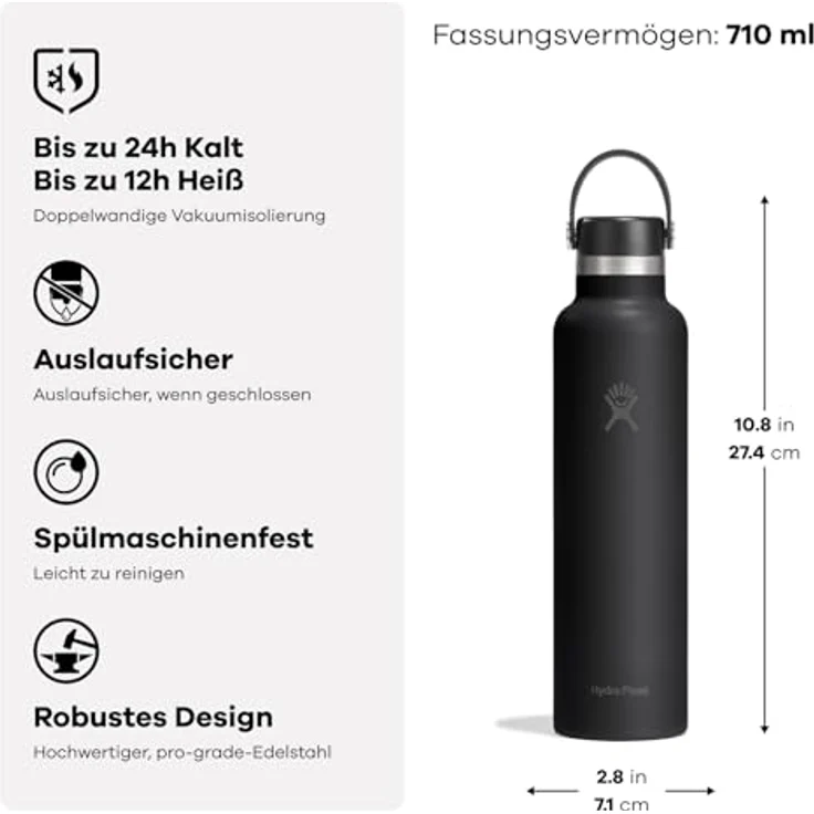 Hydro Flask Standard Flex Cap 710 ml (24 oz) Flasche, Edelstahl, auslaufsicher, Vakuumisoliert für 24 Std. kalt & 12 Std. heiß, Harbor Blue – Bild 2
