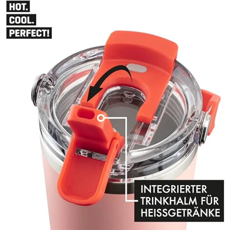 ROTPUNKT Thermobecher Edelstahl 500 ml, auslaufsicherer Isolierbecher mit Strohhalm & Click & Go Öffnung, BPA-frei, klappbarer Tragegriff, coral – Bild 4