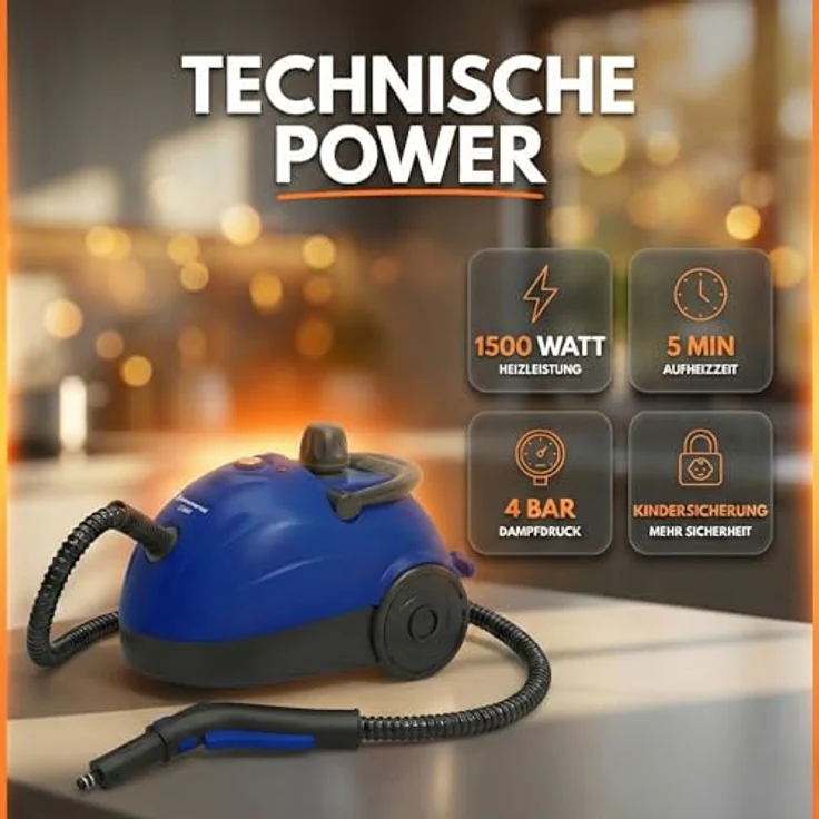 Sommertal XXL SC1000 Dampfreiniger Handgerät, 1100 ml Tank, 1500 W, 16-teiliges Zubehörset, leistungsstark, tragbar – Bild 4