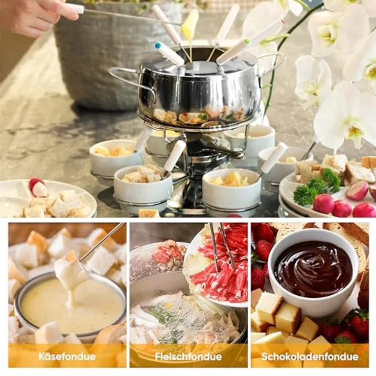 Ribelli Fondue Set 28-teilig Edelstahl 6X Gabel, Löffel, Teller, Schälchen Käsefondue Fleischfondue 6 Personen – Bild 3