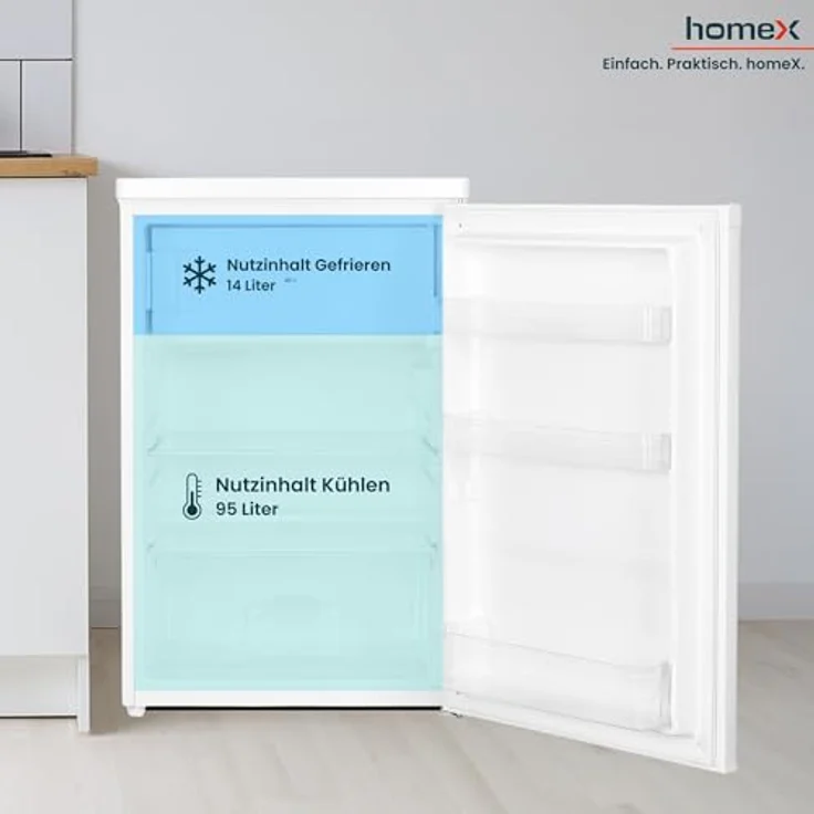homeX CS1091E-W Kühlschrank mit Gefrierfach, Mini Kühl-Gefrierkombination 109 Liter, freistehend, 4-Sterne Gefrierfach, weiß – Bild 5