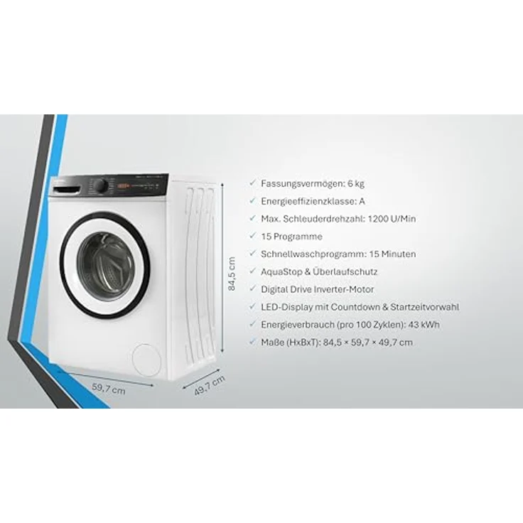 Daewoo WM612T2TWB0DE, 6 kg Frontlader Waschmaschine, Energieeffizienzklasse A, 1200 U/Min, Aqua Stop, Allergy Safe, 15 Min Kurzprogramm, LED-Display, Weiß – Bild 3