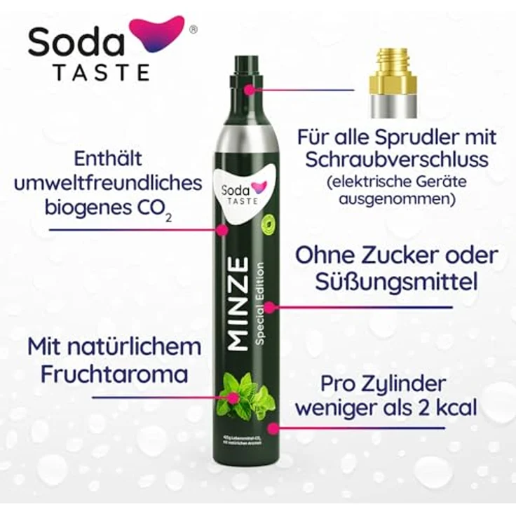 SodaTASTE Minze - CO2-Tauschzylinder, zuckerfrei für bis zu 60l gesprudeltes Wasser mit Geschmack – Bild 2