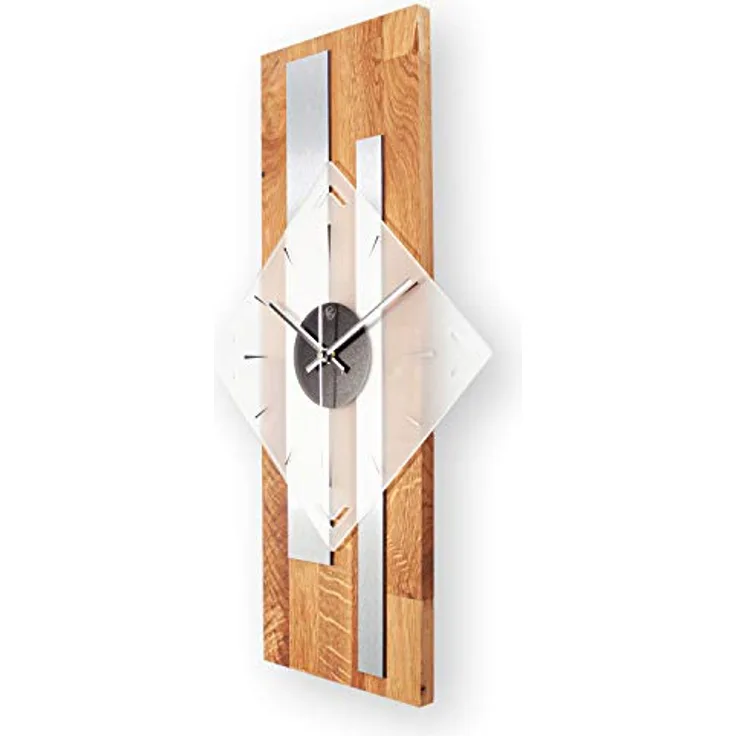 Kreative Feder Moderne Designer Holz Alu Wanduhr leise ohne Ticken 60x30cm (Eiche, leises Quarzuhrwerk)